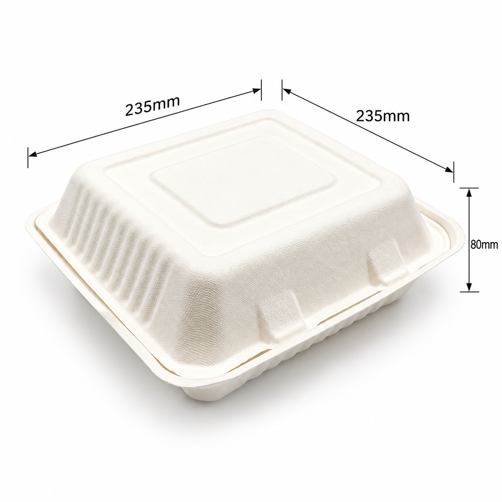 9x9 Clamshell Meal Box- Sugarcane Fibre Takeaway Container 200pk